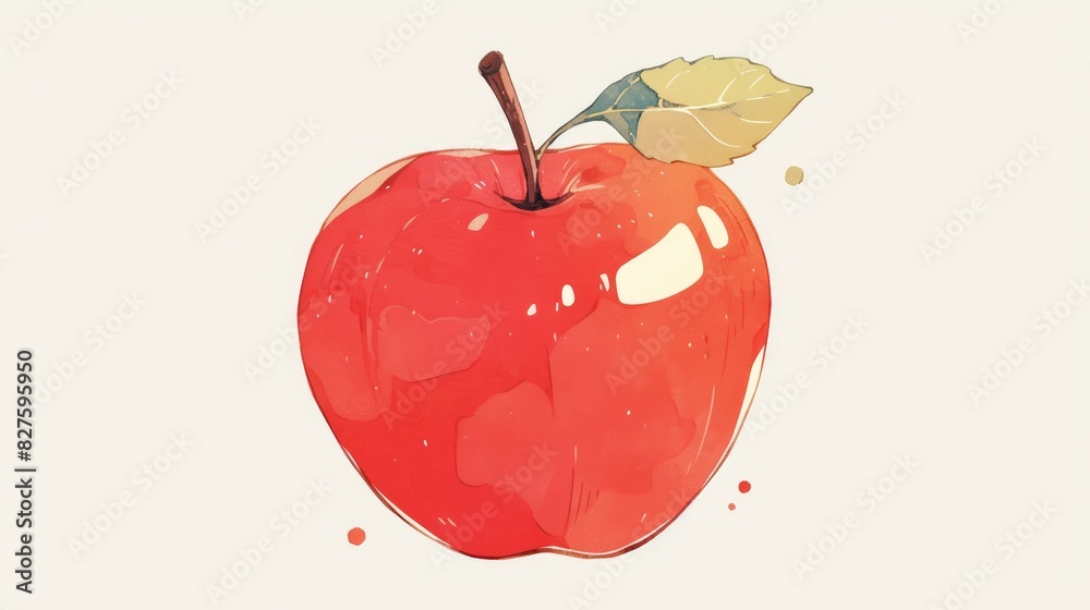 Poster A luscious red apple with a leaf depicted in a charming cartoon style