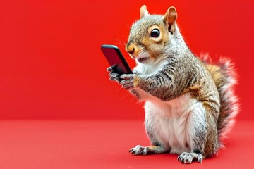 Squirrel using smartphone on red background