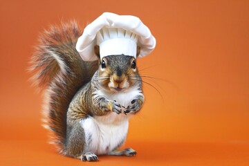 Squirrel wearing cook hat on orange background.