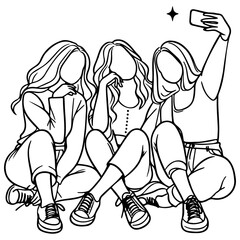 Friends Sitting and Selfie Together Line Drawing.