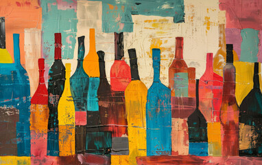 Image of Colorful abstract painting of wine bottles in various shapes and heights, showcasing vibrant hues and a creative composition. printed on Printed Glass Splashbacks