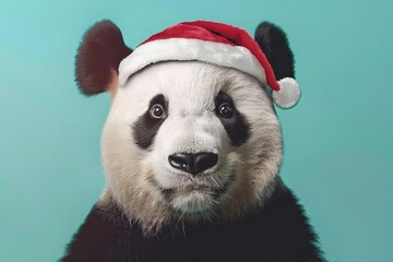 Obraz premium Panda in Christmas hat on turquoise background.