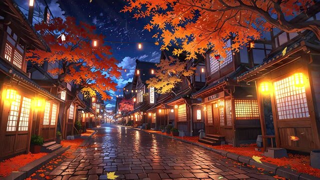 Wet and forsaken Japanese streets at night, autumn leaves all around, anime video loop.