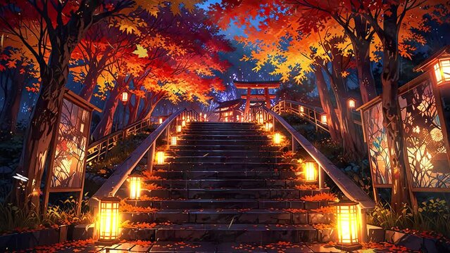 Rain-soaked and empty Japanese pathways at night, autumn leaves scattered, anime video loop.