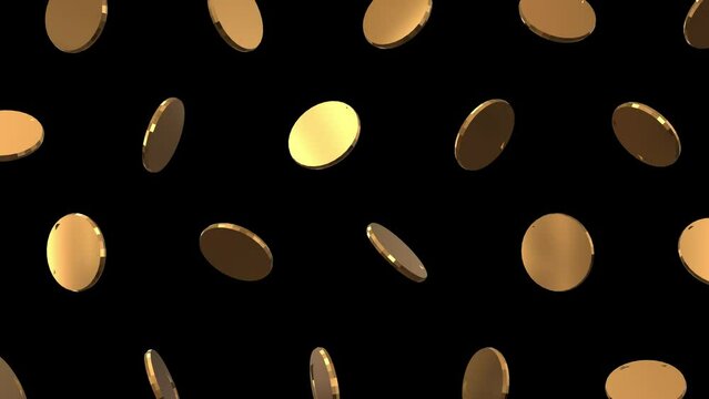 3d gold coin falling and rotating loop animation on black background, golden coin falling in slow motion 3d animation, Gambling, jackpot, wealth concept 4k footage