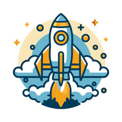 A cartoon rocket taking off from clouds into space