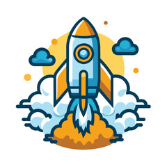 Naklejka premium Cartoon Rocket Launching Through Clouds