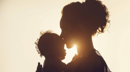 Silhouette of a girl holding a baby in her arms, isolated on a white background, tender moment, family love, minimalist style, copy space