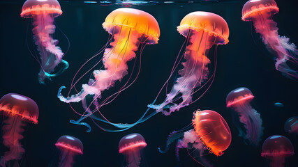 Obraz premium Jellyfish floats in deep water. Neon style, Generative AI