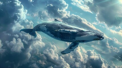 Fototapeta premium Graceful Whale Soaring Through Sky Amongst Clouds