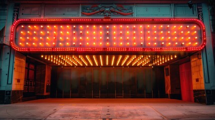 A glowing theater marquee with a red background and yellow lights.