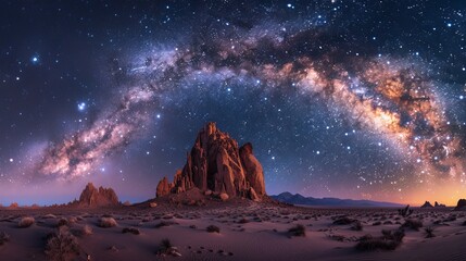 Beautiful night sky with large rock formations in the foreground. The sky was full of stars and...