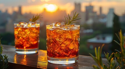 Chilled beverages on a summer terrace overlooking a cityscape