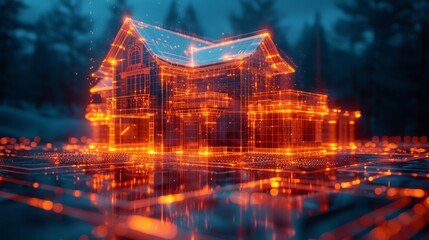 Architectural blueprint digital overlay on a tablet by a construction site, construction tech theme