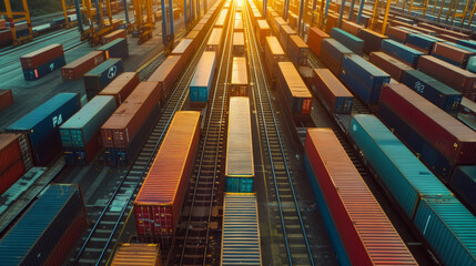 Aerial view of colorful cargo containers on railway tracks, bathed in the warm light of sunset, illustrating logistics and transportation.  Cargo Containers on Railway Tracks at Sunset

