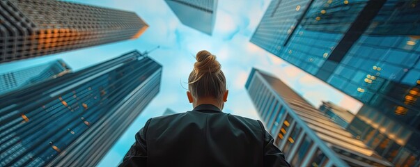 Business professional gazing up at tall skyscrapers in a modern city, symbolizing ambition, success, and urban lifestyle.