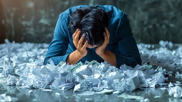 Person Sitting in Pile of Crumpled Paper