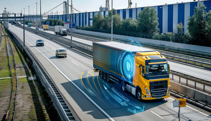 A truck with a blue circle on its side is driving down a highway by AI generated image
