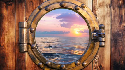 Porthole window on a boat with sunset background
