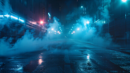 A dark, empty street with a dark blue background, neon light, spotlights, and smoke floating on the asphalt floor and studio room.
