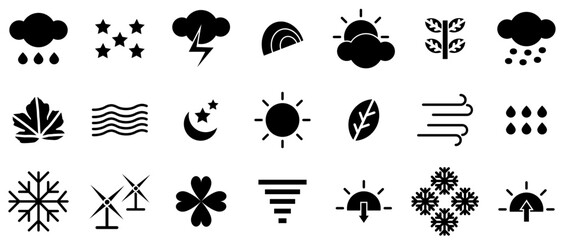 Set Of Linear Weather Glyph Solid Icons Silhouette Vector Logo Design Containing Leaf,Fall,Spring,Forecast,Plant Infographic Simple Vector Illustration Logo