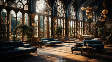 Obraz premium Traditional Islamic Library Large Lounge With Big Windows Background