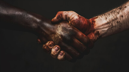 Two hands, one dark-skinned and one light-skinned, clasped together firmly, showing unity and solidarity.