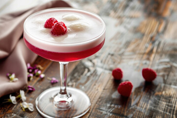 Raspberry Cocktail with Foam and Fresh Raspberries on a Rustic Table