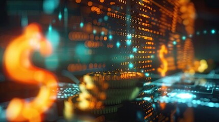 Obraz premium Futuristic digital finance concept with glowing dollar signs and coin stacks, representing cryptocurrency and financial technology innovation.