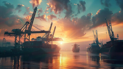 Bustling cargo port at sunrise with cranes loading containers onto ships, isolated on white background, vibrant activity, copy space, stock photo