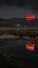Neon Closed Sign Reflecting in Desert Puddle at Nighttime