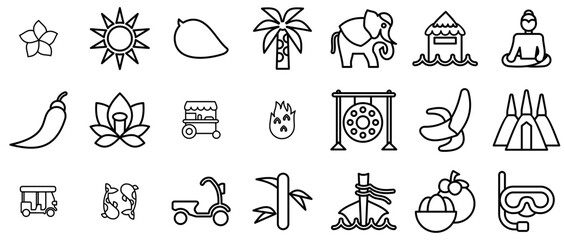 Set Of Linear Thailand Line Style Isolated Silhouette Solid Icons With Nature,Fruit,Tropical,Plant,Healthy Outline Icons Collection. Simple Vector Illustration