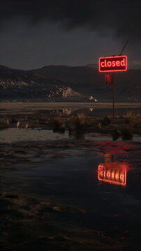 Neon Closed Sign Reflecting in Desert Puddle at Nighttime