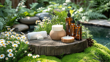 A serene spa arrangement featuring candles, essential oils, and a towel on a wooden stump, surrounded by a vibrant garden with flowers and greenery near a small pool