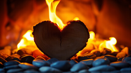 Heart-shaped wooden piece surrounded by pebbles, set against a warm, glowing fire.