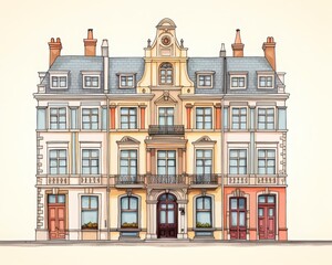 Fototapeta premium Elegant multi-story European building with classic architectural elements, pastel colors, and detailed facade, representing urban sophistication.