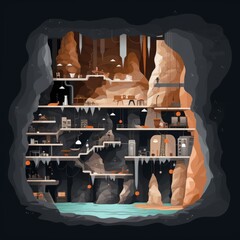Intricate underground house interior with multiple levels and furniture, embedded in a cave setting with a serene water body at the bottom.