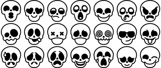 Set Of Skull Emotions Icons Web Header Banner Design Containing Click,Face,Skull,Resume,Start Outline Icons Collection. Simple Vector Illustration