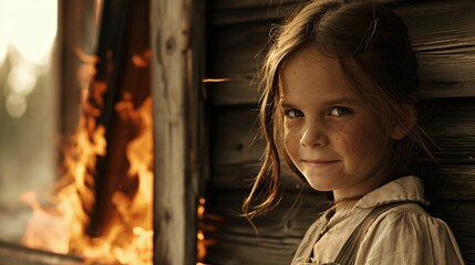 A young girl stands in front of a burning building. She is smiling and looking at the camera