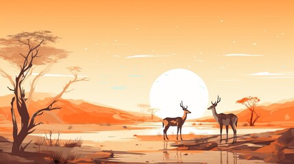 Sunset at the African savannah with two deer by the water, creating a tranquil and beautiful wildlife scene.