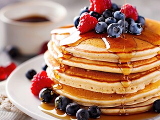 A stack of pancakes with blueberries and raspberries drizzled with syrup. Concept of indulgence and comfort, as pancakes are a classic breakfast food that many people enjoy