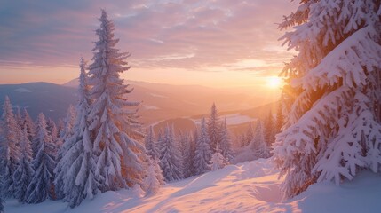 A beautiful snowy landscape with a sun setting in the background. The trees are covered in snow and the sky is a mix of pink and orange hues. The scene is serene and peaceful