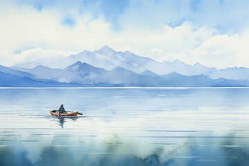 Fototapeta premium A man is paddling a canoe on a lake in front of mountains, watercolor illustrations, Summer activity.