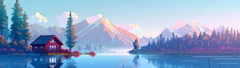 Lodge by a serene mountain lake flat design front view tranquil retreat animation complementary color scheme