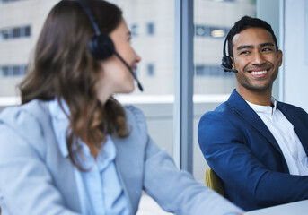 Smile, call centre agent and headphones for coworker in office, happy and online for sales team....