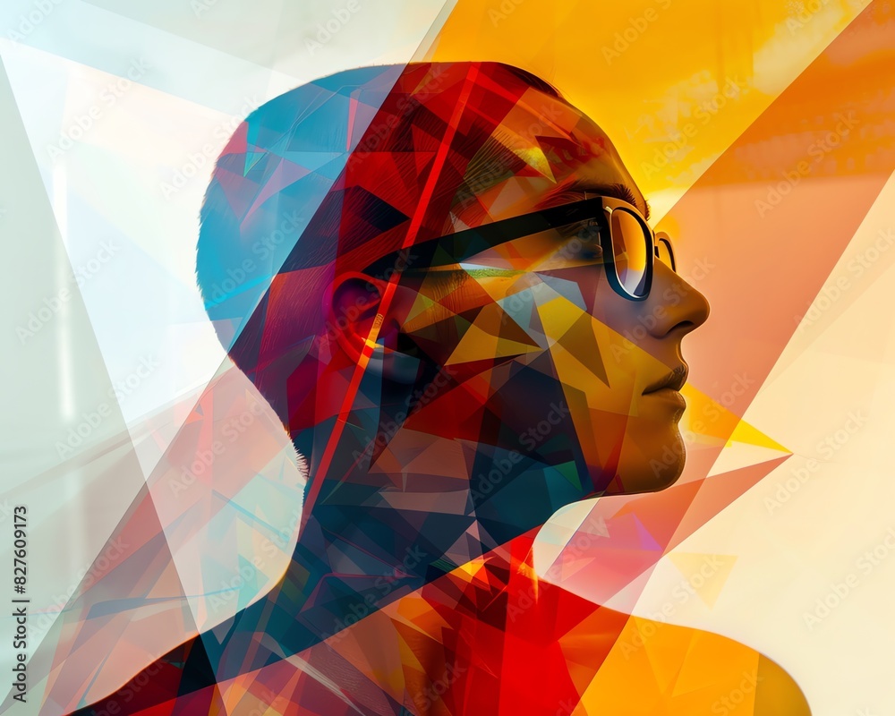 Poster modern abstract art of a person's profile with colorful geometric shapes overlaying the image, creat