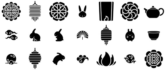 Set Of Mid Autumn Festival Icons Web Header Banner Design Containing Festival,Mooncake,Mid-Autumn,Rabbit,Lantern Business Infographic Elements Logo Vector Illustration