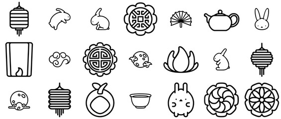 A Collection Of Mid Autumn Icons Silhouette Vector Logo Design Containing Animal,Mid-Autumn,Mooncake,Festival,Rabbit Vector Illustration Linear Pictogram Pack