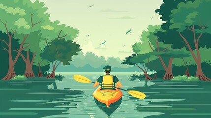 Kayaking through a pristine mangrove forest flat design front view nature adventure cartoon drawing analogous color scheme