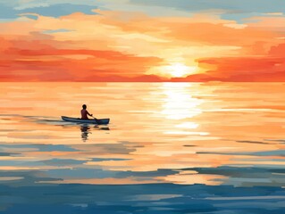 Fototapeta premium A man is rowing a canoe in the ocean at sunset, watercolor illustrations, Summer activity.